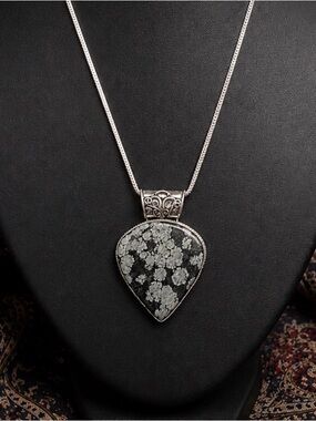 Necklace Silver Snowflake Obsidian Gemstone Pendant Bold Statement Southwestern